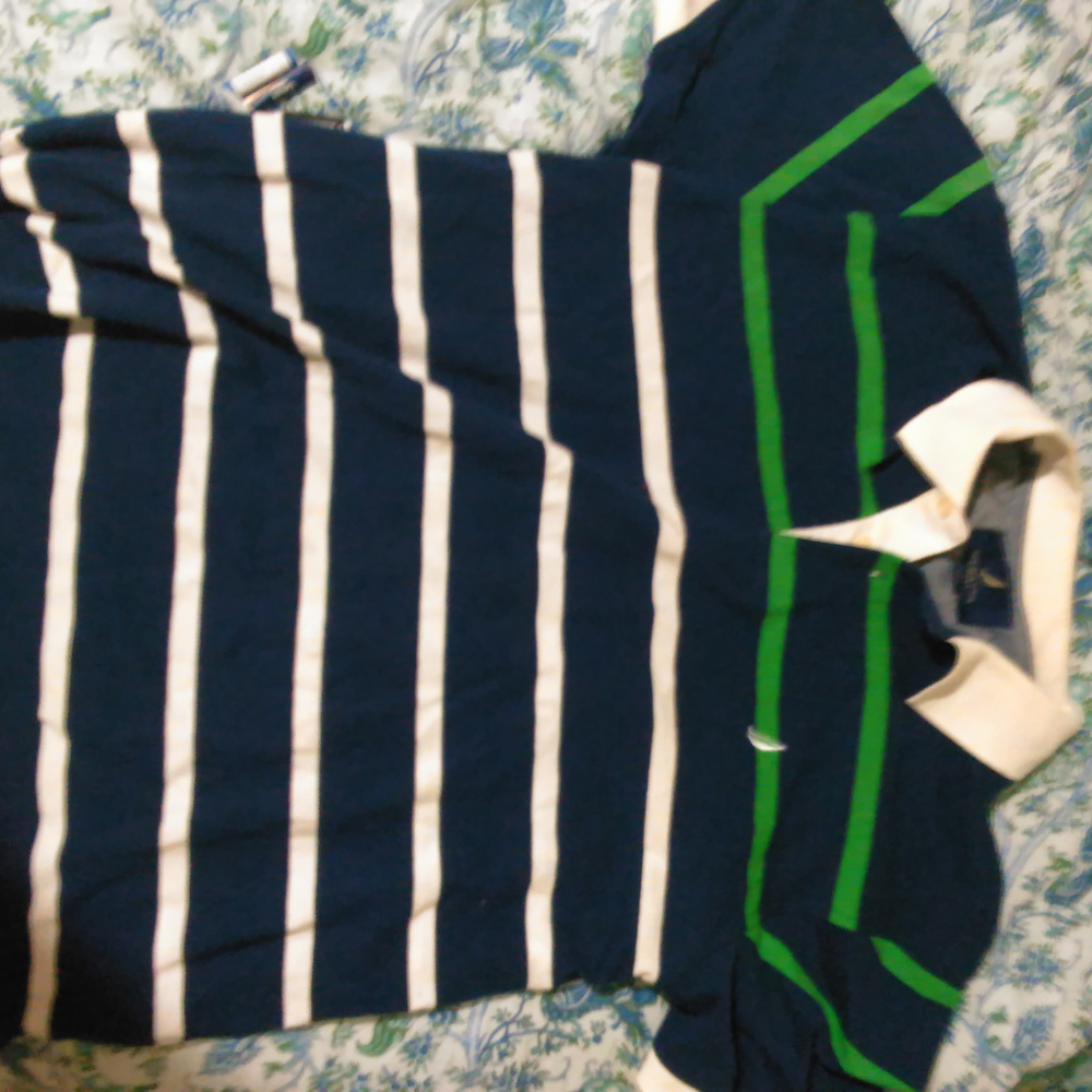 Navy striped polo white green contrast collar